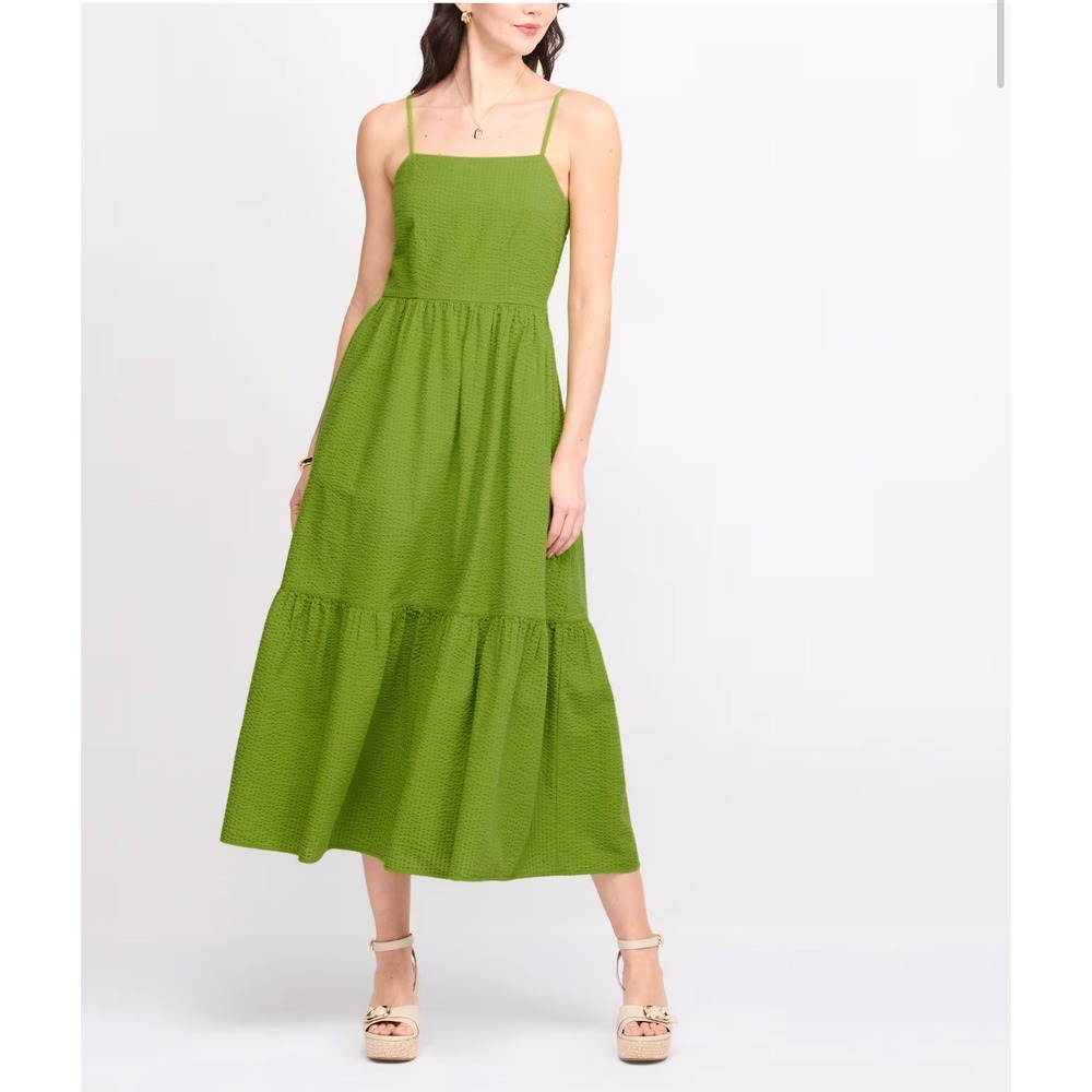 Dizzy Lizzy Green Seersucker Maxi Dress Womens XL Smocked Tiered Cotton Sundress